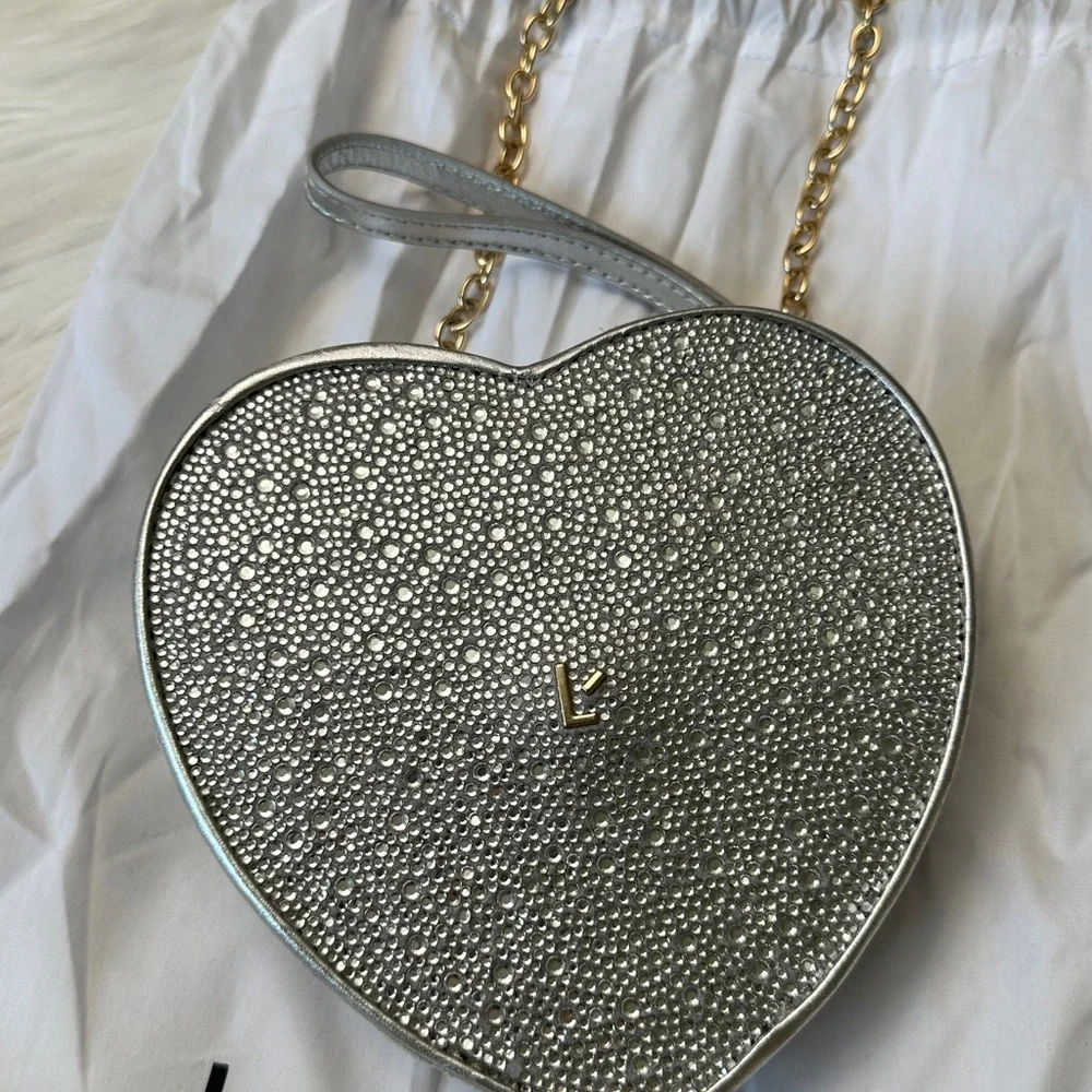 Larroude Heartbreaker Crossbody Bag In Crystal and Light Gray Vegan Suede NWT - Picture 8 of 14